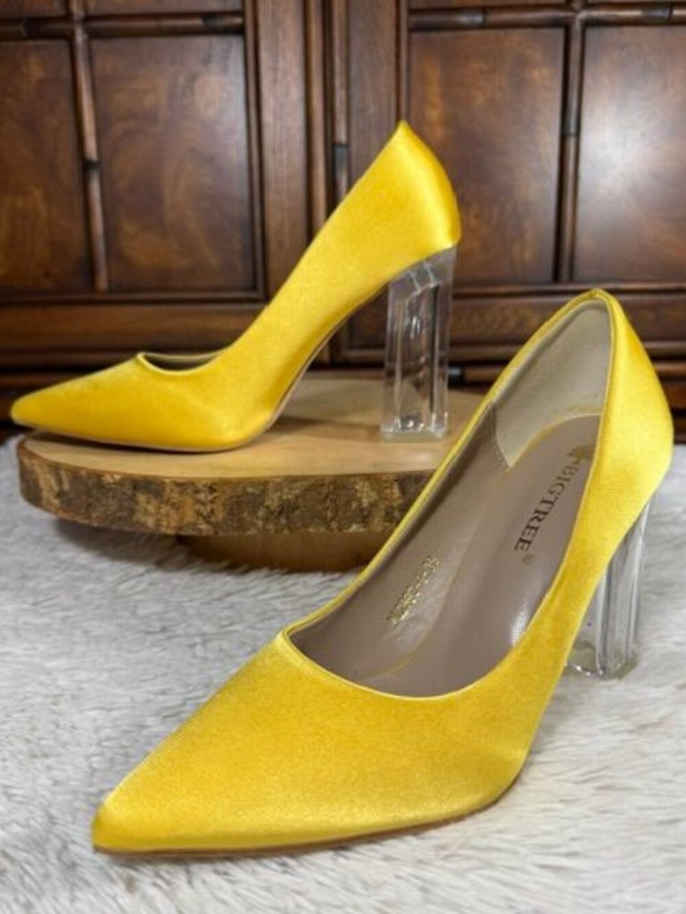 BIGTREE Yellow Satin Clear Lucite Block Heel Pointed Toe Pump